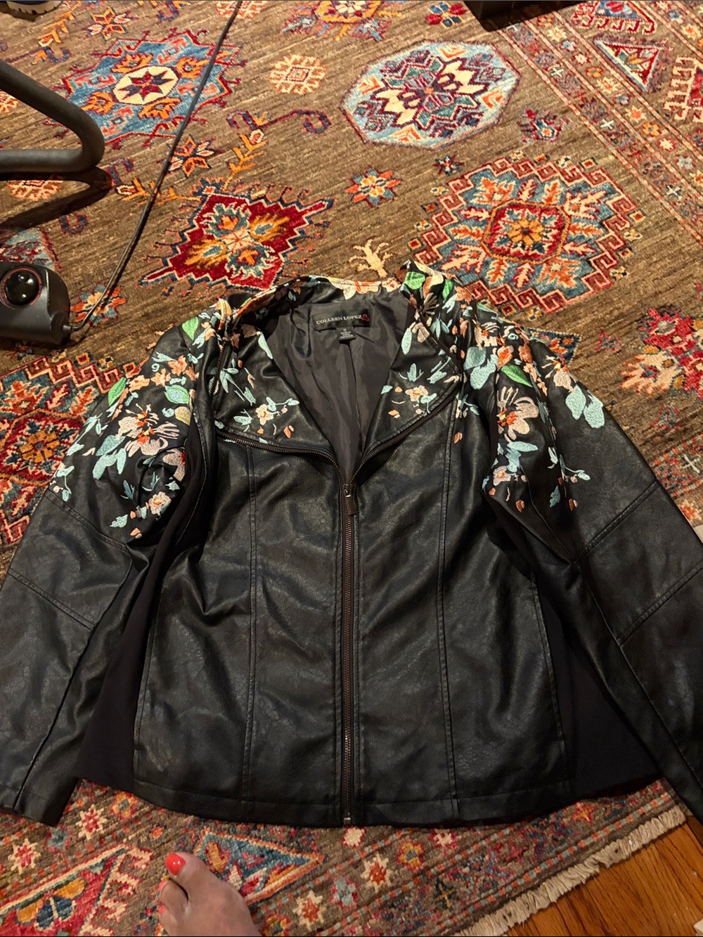 Colleen Lopez Black Faux Leather Jacket with Mint & Peach Floral Embroidery